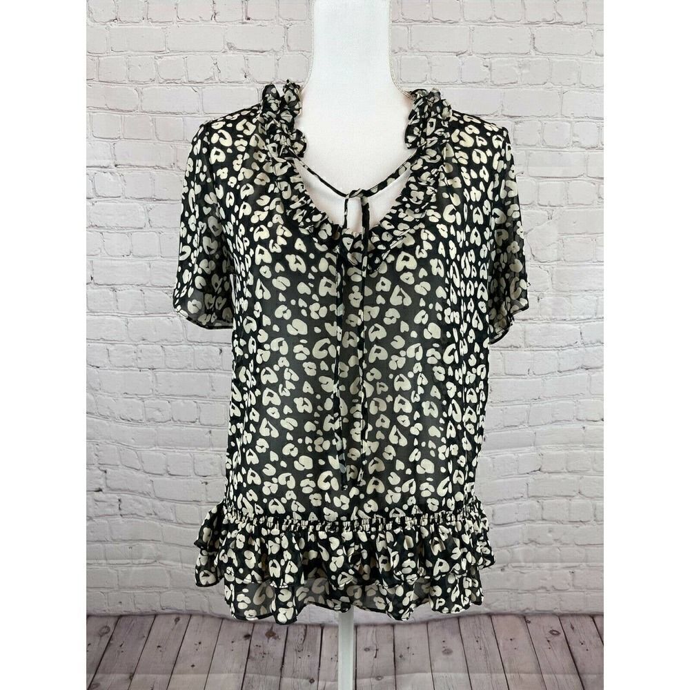 UMGEE black white hearts semi-sheer peplum folds V-neck rib belt top blouse S